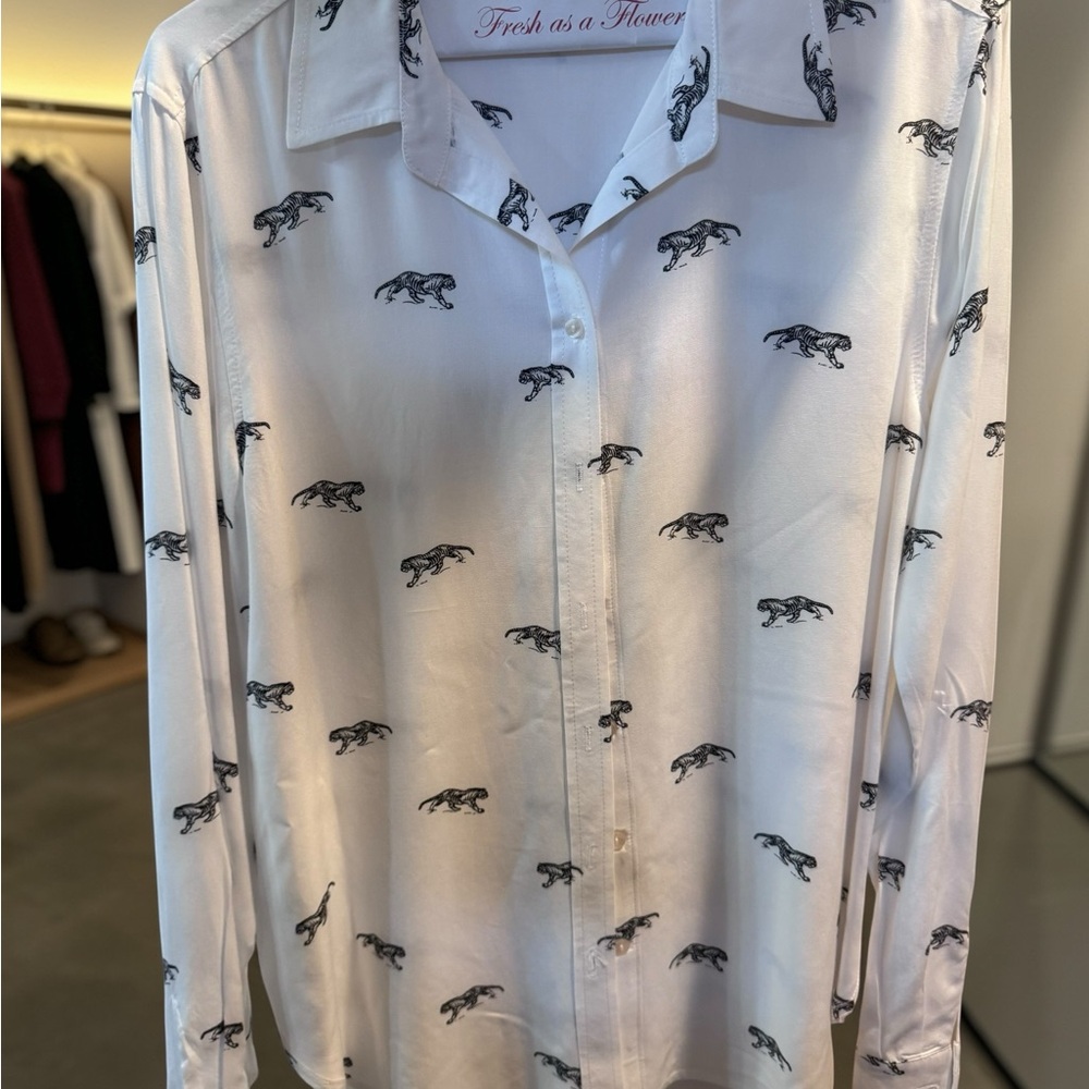 Jane and Delancey White Panther Print Button Down Shirt